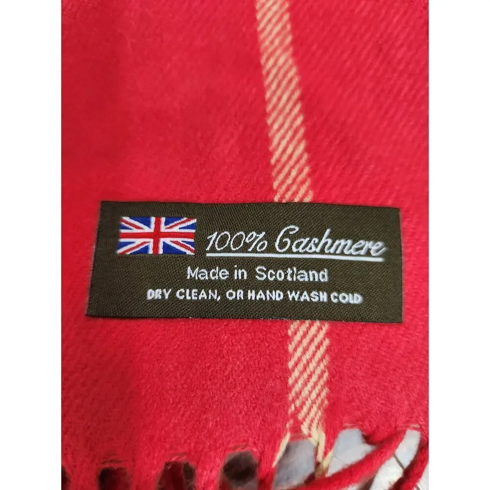 100% cashmere scarf red plaid made in Scotland‎ light weight like new fringe